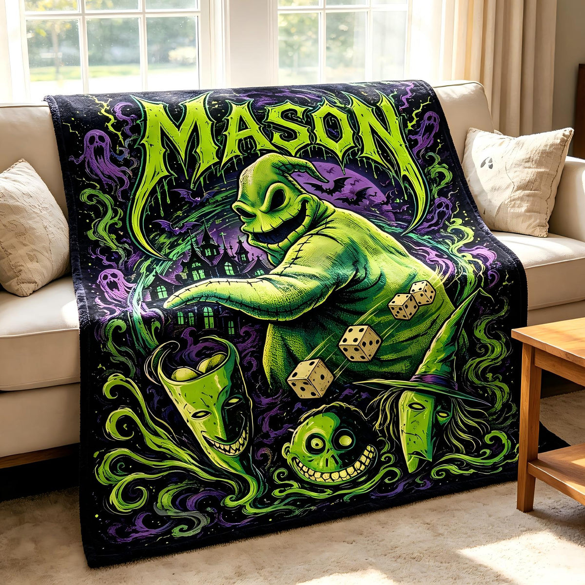 Personalized Oogie Boogie Flannel Blanket Custom Halloween Town Throw Spooky Christmas Gift for Movie Fan Gothic Room Decor Custom Name