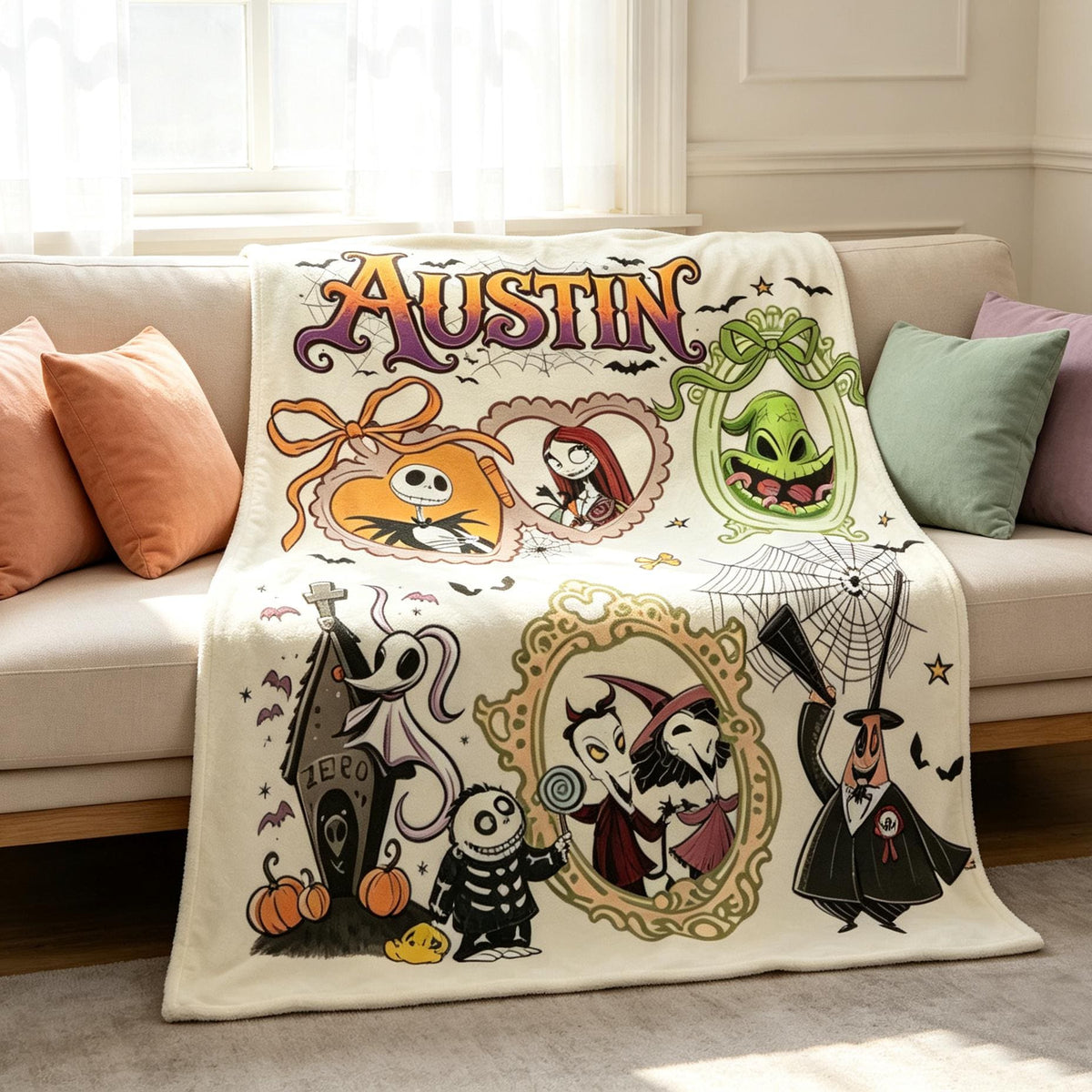Personalized Flannel Blanket, Custom Name Throw, Spooky Halloween Town Decor, Jack and Sally Fan Gift, Goth Bedding Movie Lover Present