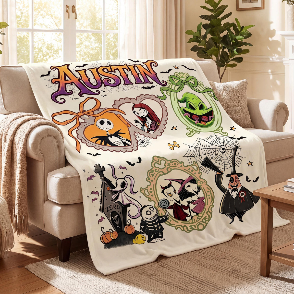 Personalized Flannel Blanket, Custom Name Throw, Spooky Halloween Town Decor, Jack and Sally Fan Gift, Goth Bedding Movie Lover Present