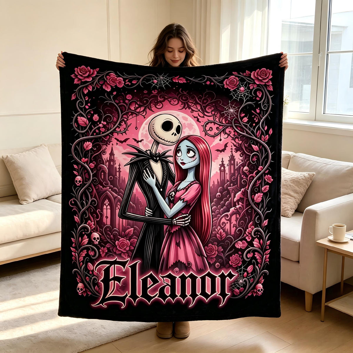 Personalized Skeleton Couple Blanket, Gothic Romance Custom Name Throw, Pastel Goth Room Decor, Spooky Anniversary Gift for Her