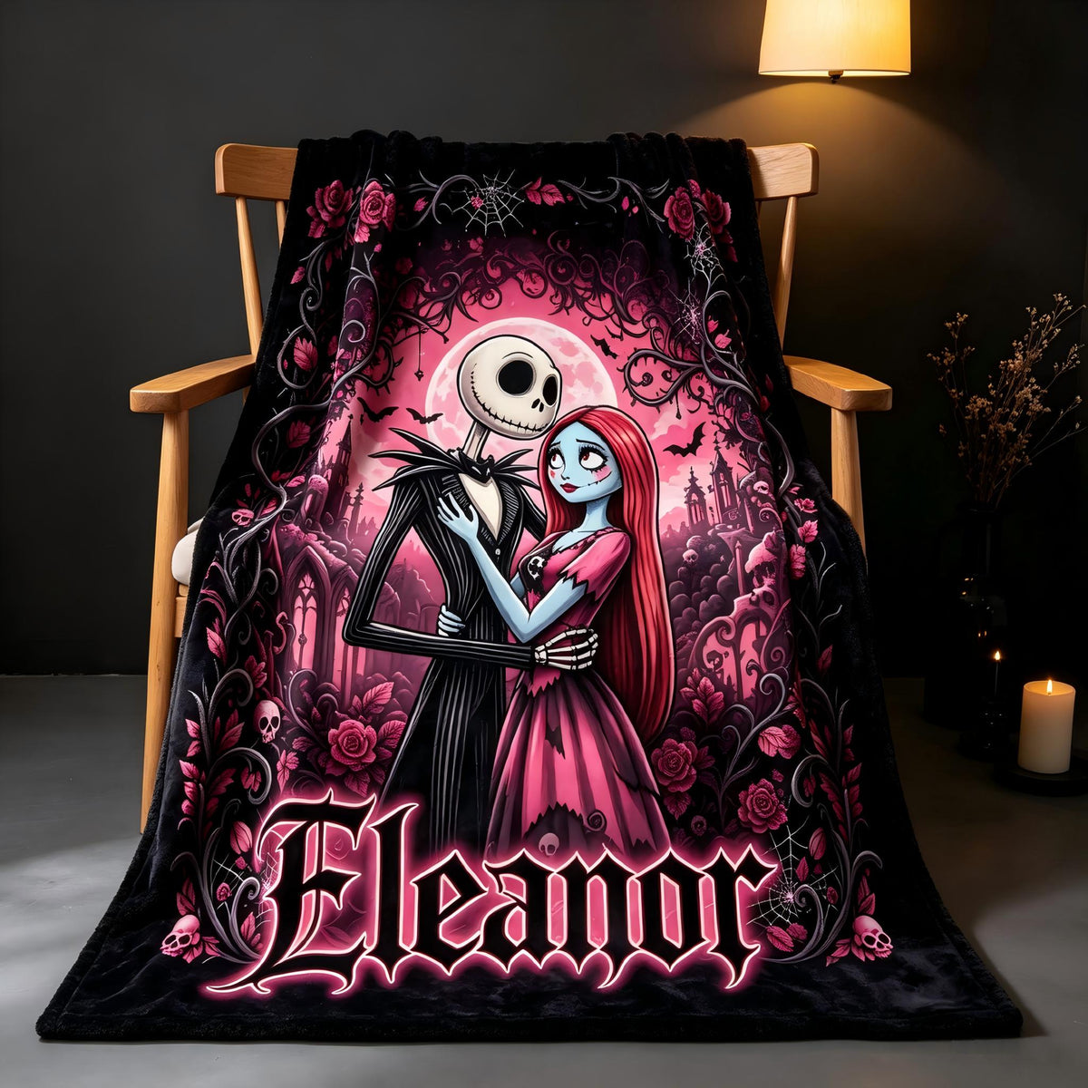 Personalized Skeleton Couple Blanket, Gothic Romance Custom Name Throw, Pastel Goth Room Decor, Spooky Anniversary Gift for Her