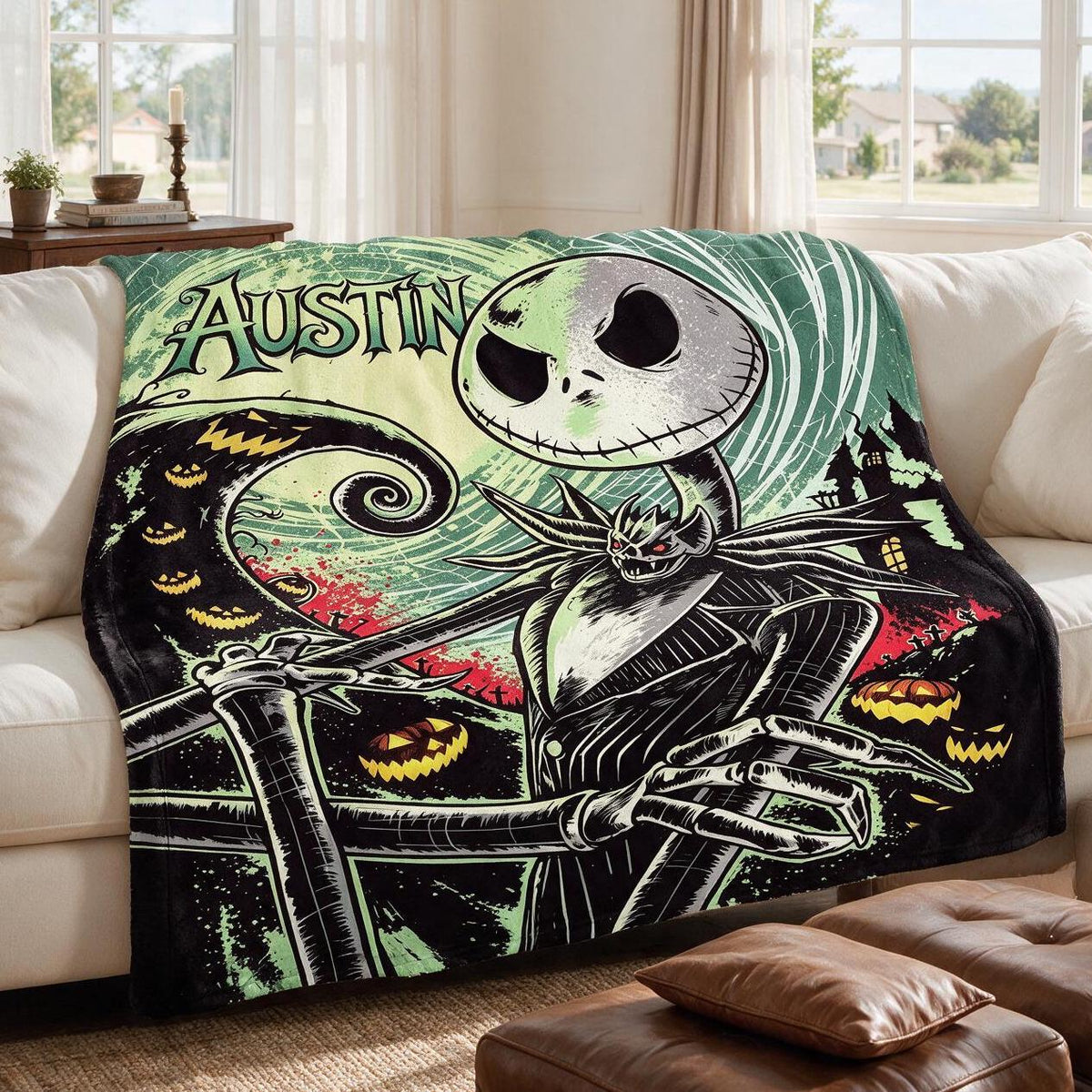 Personalized Nightmare Before Christmas Blanket, Custom Name Spooky Throw, Jack Skellington Fan Gift, Halloween Room Decor Boys & Girls