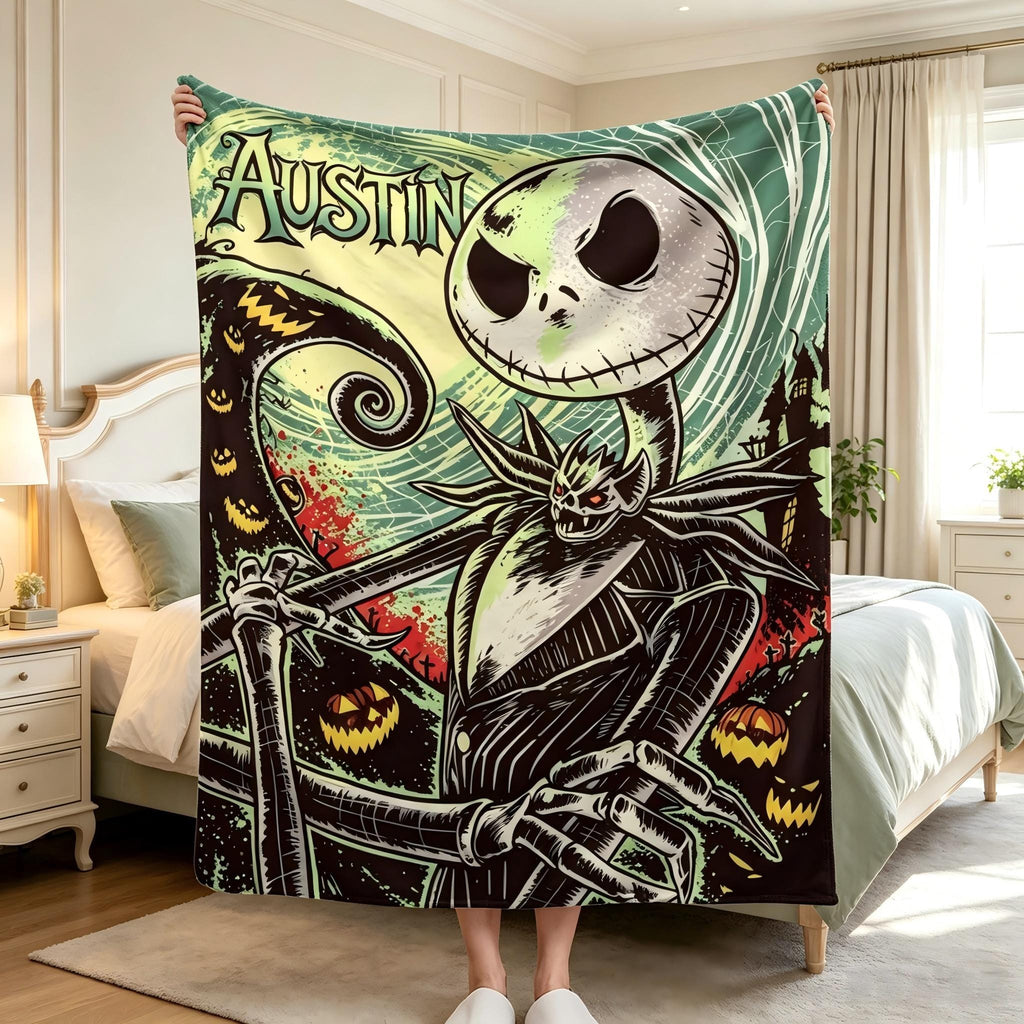 Personalized Nightmare Before Christmas Blanket, Custom Name Spooky Throw, Jack Skellington Fan Gift, Halloween Room Decor Boys & Girls