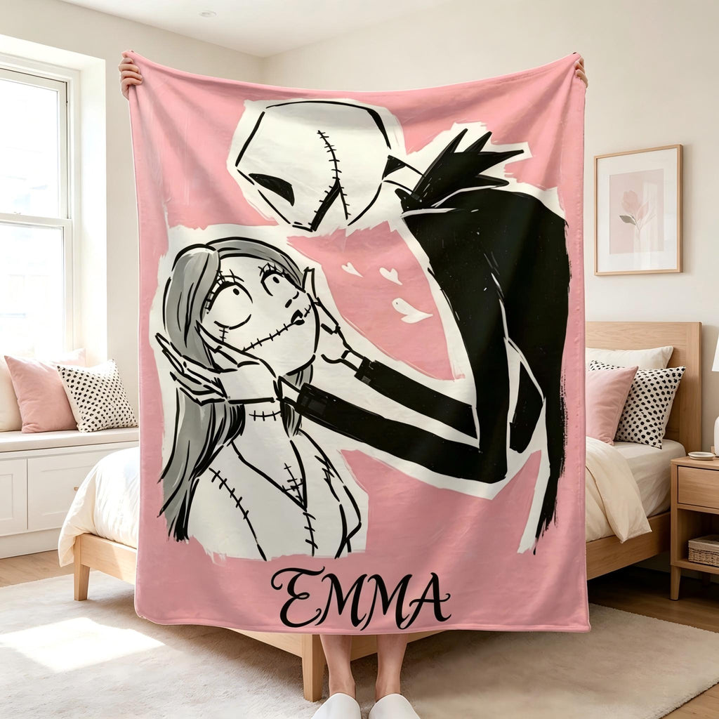 Personalized Jack & Sally Blanket, Custom Name Nightmare Before Christmas Throw, Gothic Couples Gift, Pink Plush Halloween Flannel Blanket