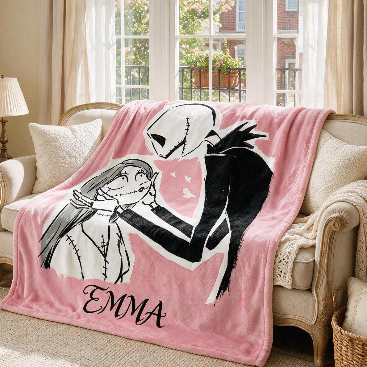 Personalized Jack & Sally Blanket, Custom Name Nightmare Before Christmas Throw, Gothic Couples Gift, Pink Plush Halloween Flannel Blanket
