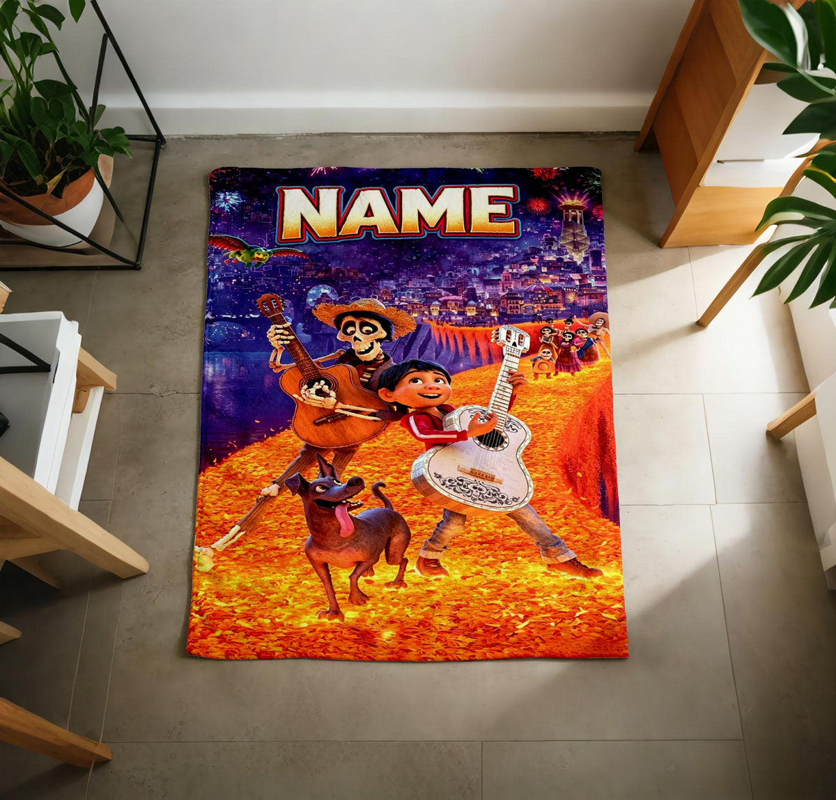 Custom Name Coco Movie Blanket, Miguel Marigold Design, Soft Flannel Throw (Personalized)