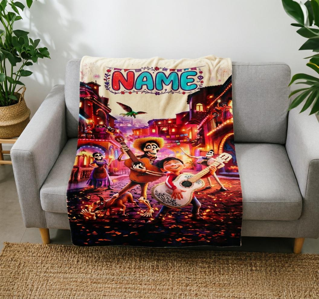 1. Personalized Coco Family Blanket Soft Throw, Custom Name Skeleton Family Throw, Day Of The Dead Gift