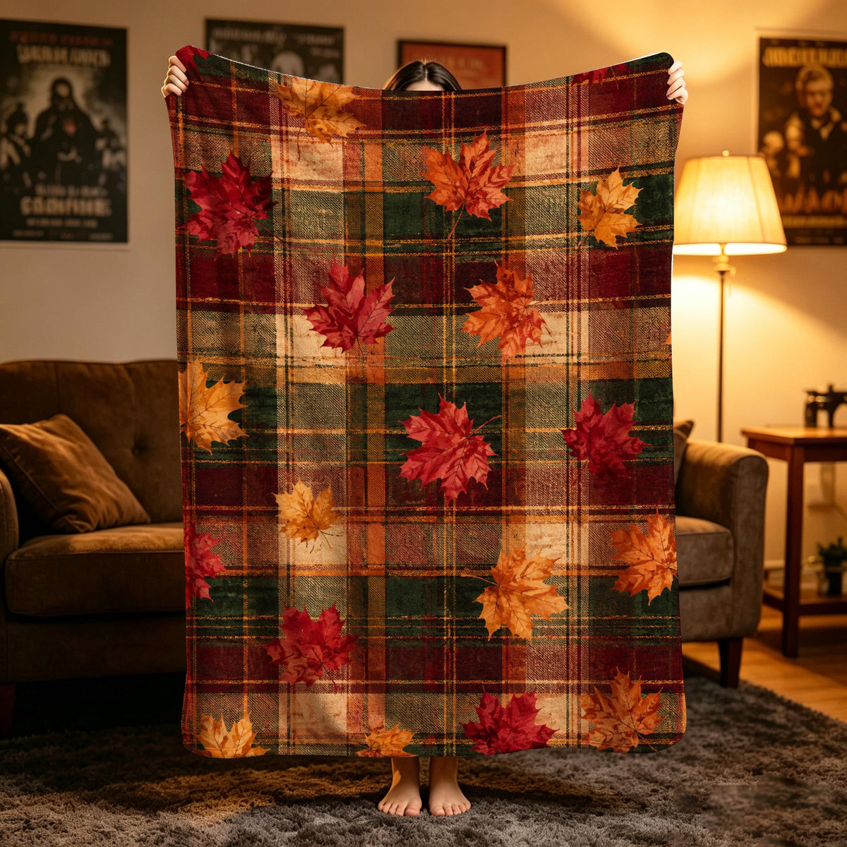 Rustic Home Lover Autumn Plaid Blanket, Vintage Tartan Fall Leaf Throw, Cozy Farmhouse Flannel, Warm Country Decor, Gift for Home