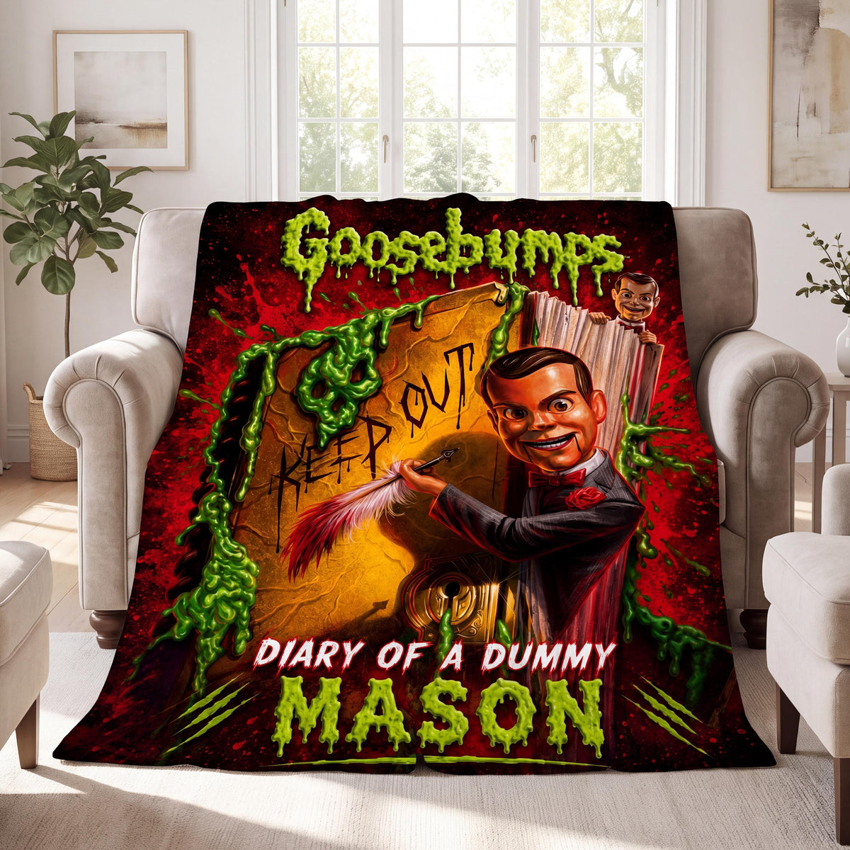 Personalized Spooky Dummy Throw Blanket Custom Name 90s Horror Nostalgic Book Fan Gift Scary Ventriloquist Halloween Bedding Accent