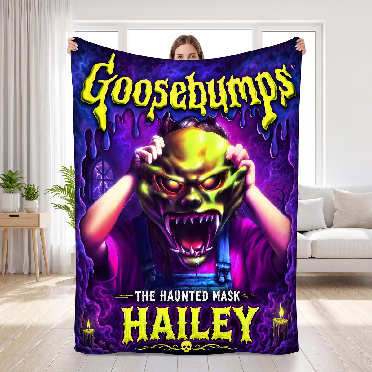 Custom Name Spooky Monster Mask Flannel Throw Blanket Personalized Retro 90s Horror Fan Gift Nostalgic Halloween Slumber Party Decor