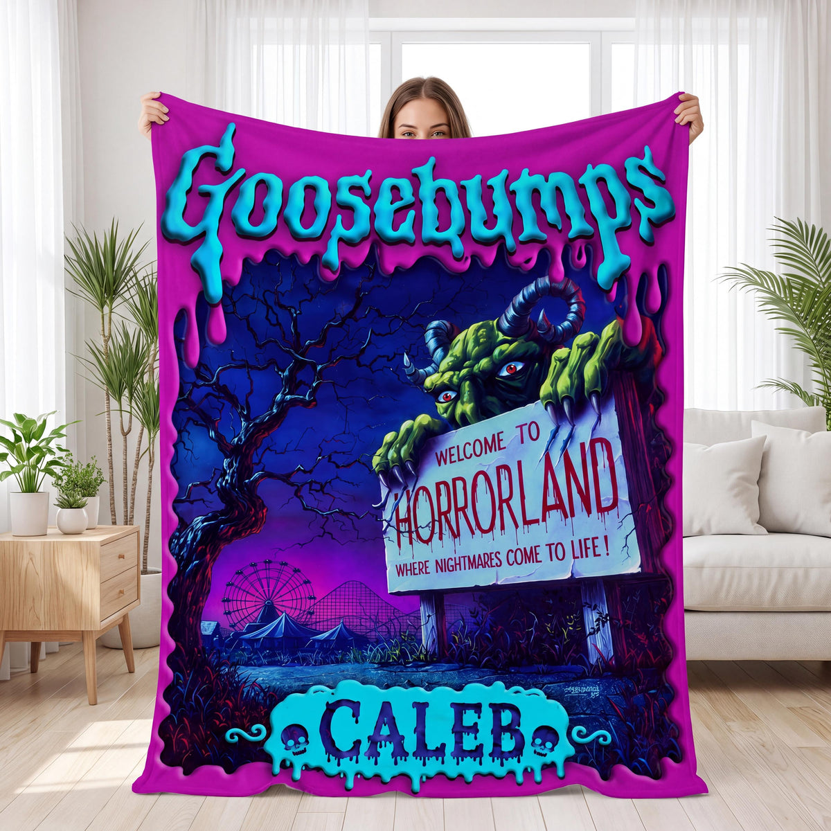 Custom Name Horror Blanket, Personalized 90s Nostalgia Spooky Throw, Halloween Monster Bedding Gift for Kids, Horrorland Room Decor