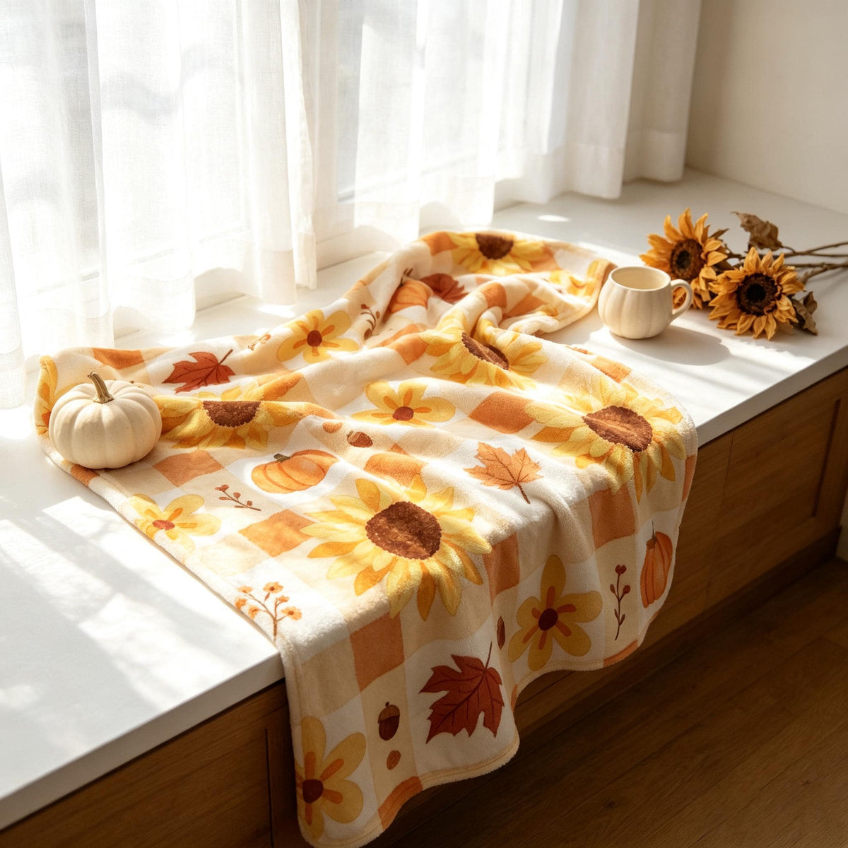 Cottagecore Pumpkin Throw, Sunflower Gingham Flannel, Fall Maple Leaf Blanket, Warm Housewarming Gift, Cozy Home Decor