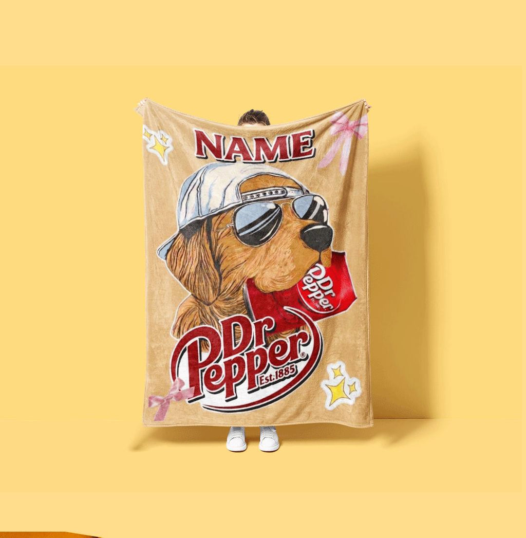 Dr Pepper Blanket Custom Name Cool Dog Aviator Sunglasses Red Soda Throw Pink Bow Bedding Retro Beverage Gift Aesthetic Room Decor