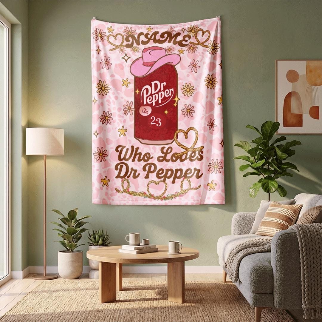 Dr Pepper Blanket Custom Name Pink Cowgirl Hat Soda Can Throw Leopard Print Bedding Snoopy Fan Gift Y2K Aesthetic Room Decor Girls Gift