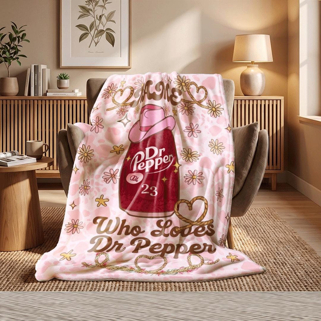 Dr Pepper Blanket Custom Name Pink Cowgirl Hat Soda Can Throw Leopard Print Bedding Snoopy Fan Gift Y2K Aesthetic Room Decor Girls Gift