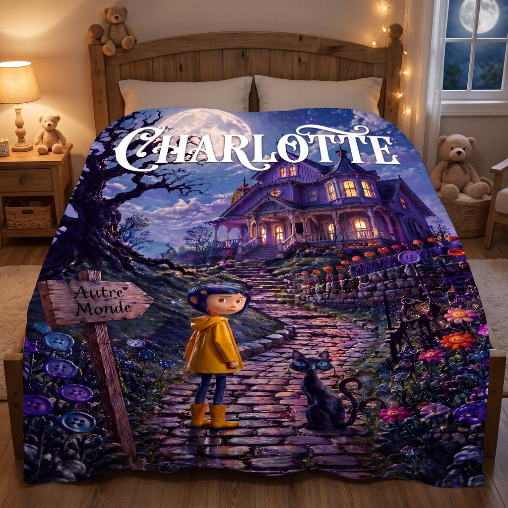 Personalized Spooky Fairytale Blanket, Custom Dark Fantasy Bedding, Creepy Cute Black Cat Room Decor, Whimsical Name Throw