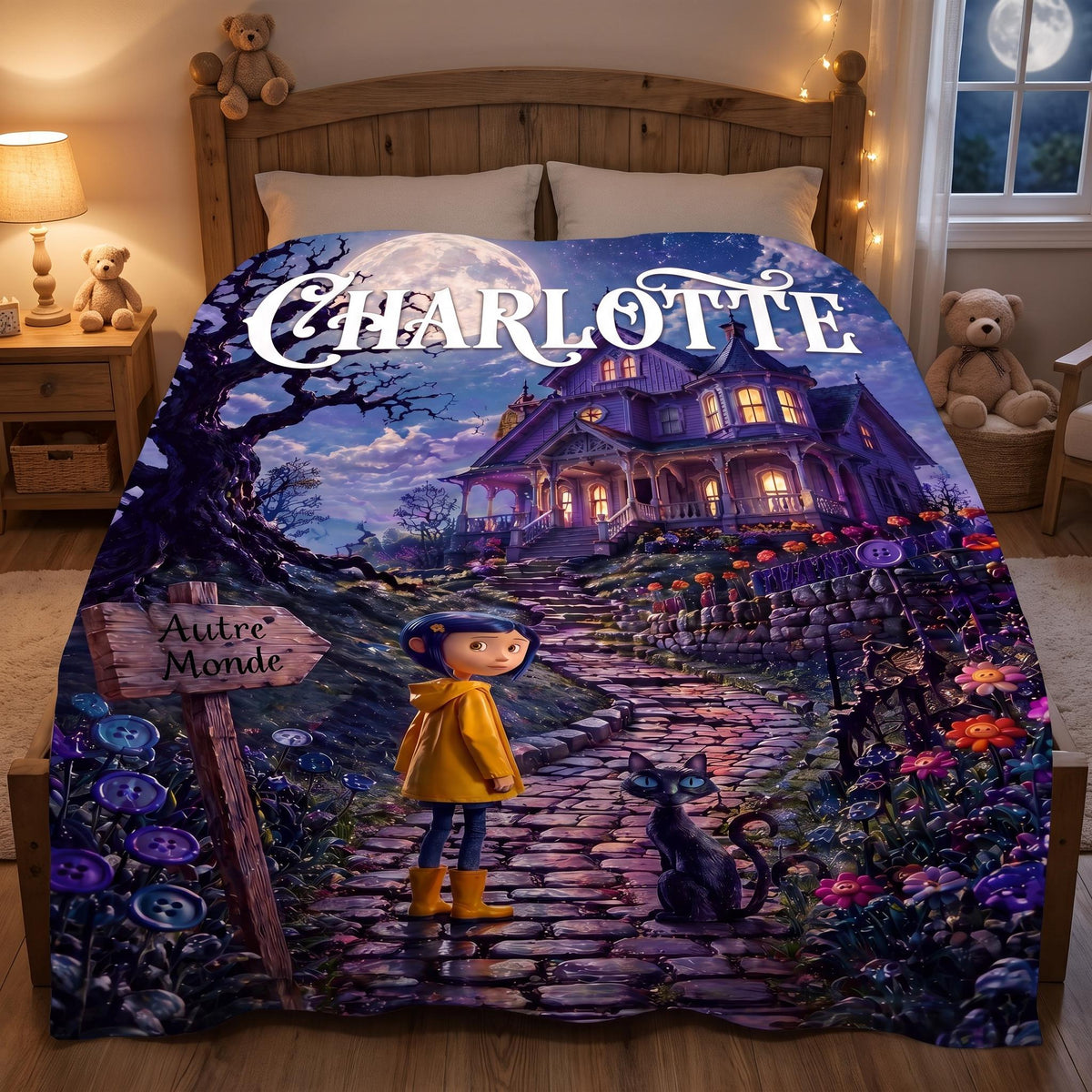 Personalized Spooky Fairytale Blanket, Custom Dark Fantasy Bedding, Creepy Cute Black Cat Room Decor, Whimsical Name Throw