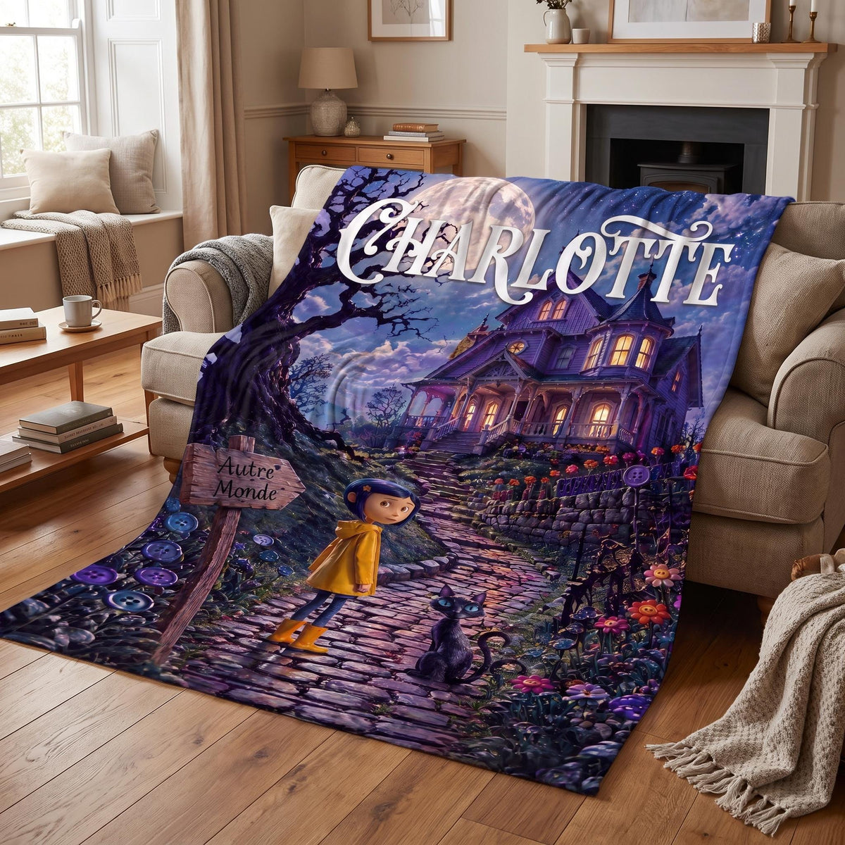Personalized Spooky Fairytale Blanket, Custom Dark Fantasy Bedding, Creepy Cute Black Cat Room Decor, Whimsical Name Throw