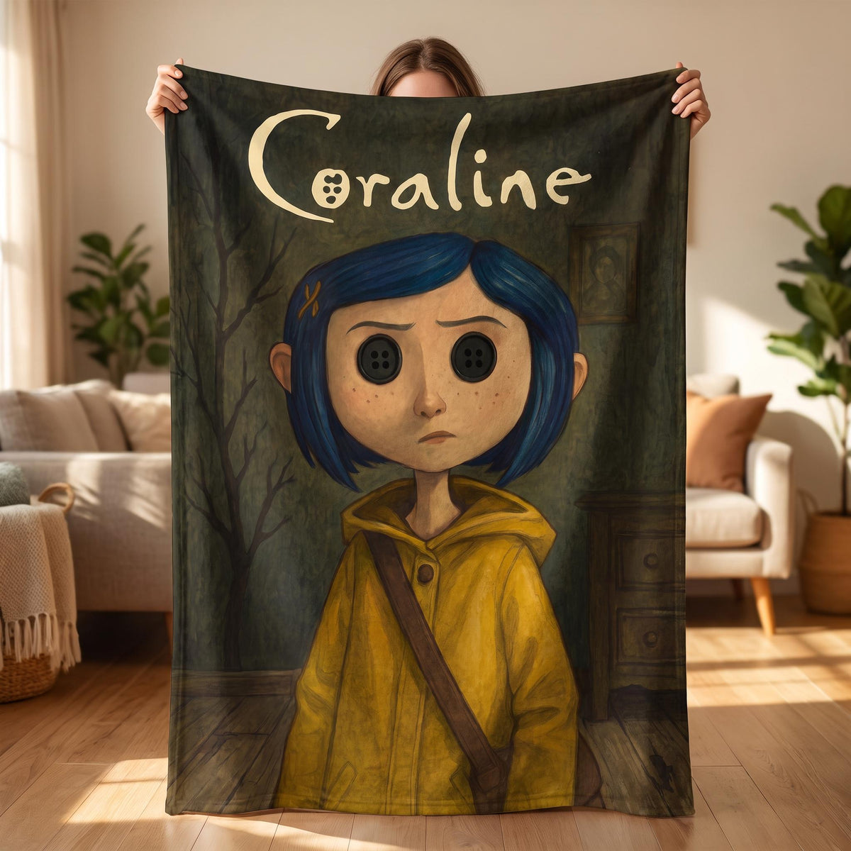 Personalized Creepy Cute Throw, Custom Gothic Fantasy Bedding, Spooky Blue Hair Girl Blanket, Dark Aesthetic Bedroom Decor