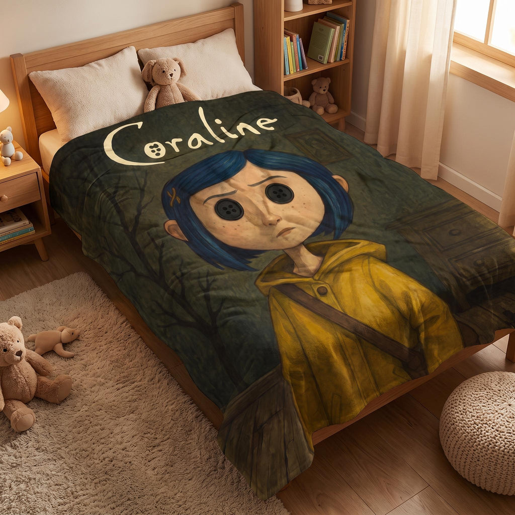 Personalized Creepy Cute Throw, Custom Gothic Fantasy Bedding, Spooky Blue Hair Girl Blanket, Dark Aesthetic Bedroom Decor
