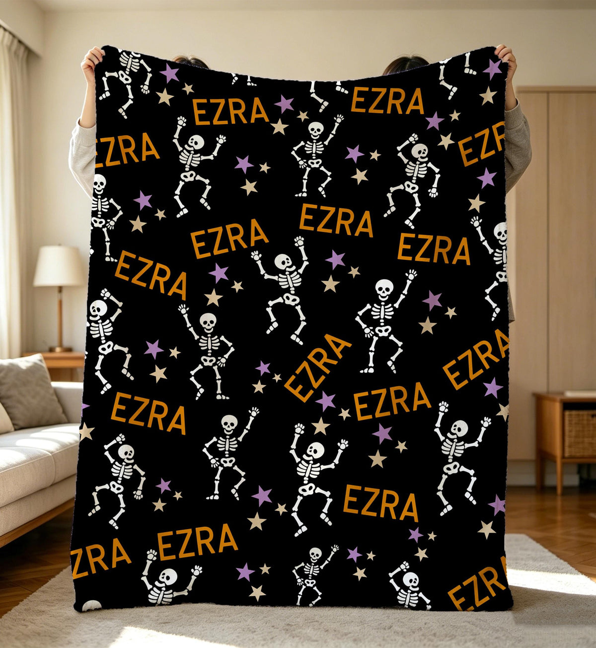 Personalized Halloween Skeleton Blanket,Boo Basket Gift for Boys,Cozy Flannel,Halloween Name Blanket Idea,Cute Skeleton Birthday Present