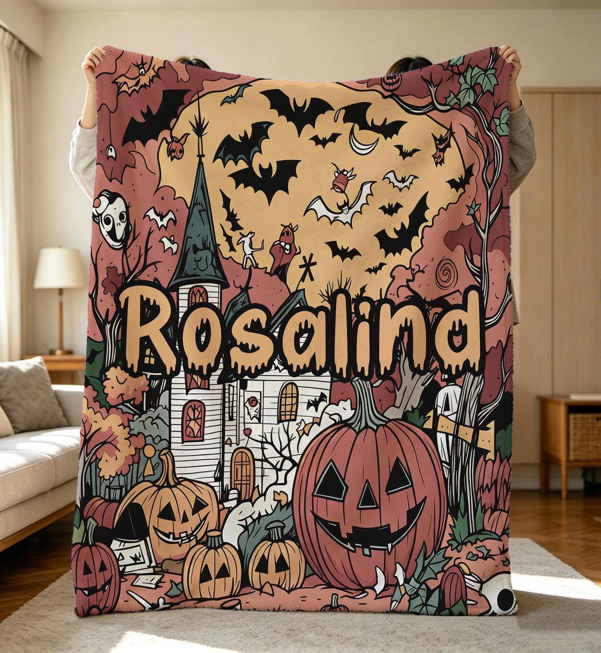 Halloween Cozy Flannel Blanket,Retro Jack-o'-lantern Haunted House Decor,90s Spooky Decor Throw,Fall Pumpkin,Halloween Watching Movie Throw