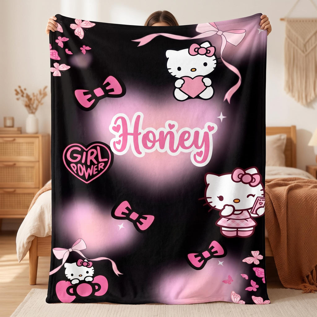 Personalized Kawaii Cat Blanket, Custom Pink Bow Name Blanket, Coquette Girl Power Bedding,Aesthetic Room Gift