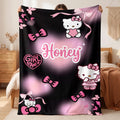 Personalized Kawaii Cat Blanket, Custom Pink Bow Name Blanket, Coquette Girl Power Bedding,Aesthetic Room Gift