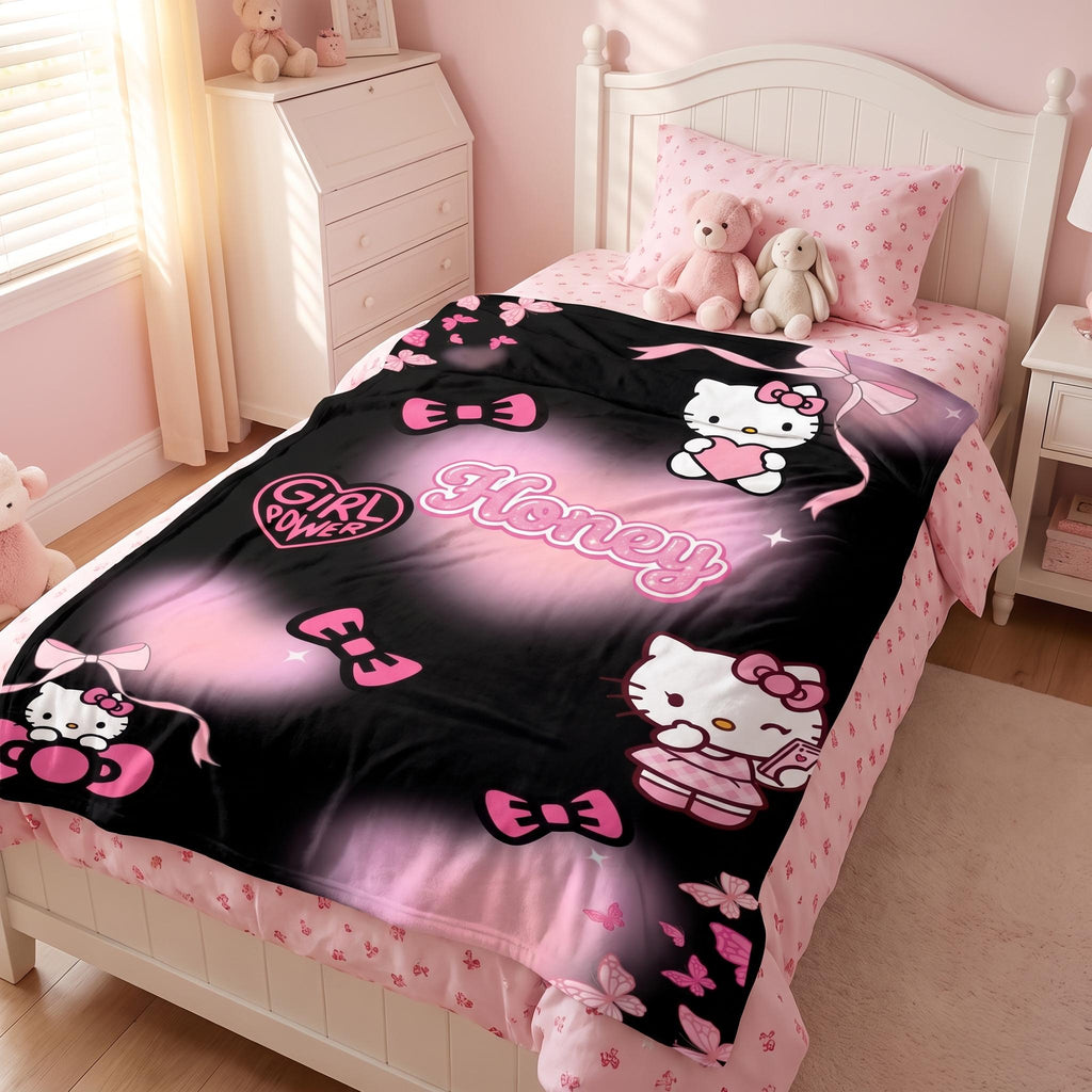 Personalized Kawaii Cat Blanket, Custom Pink Bow Name Blanket, Coquette Girl Power Bedding,Aesthetic Room Gift