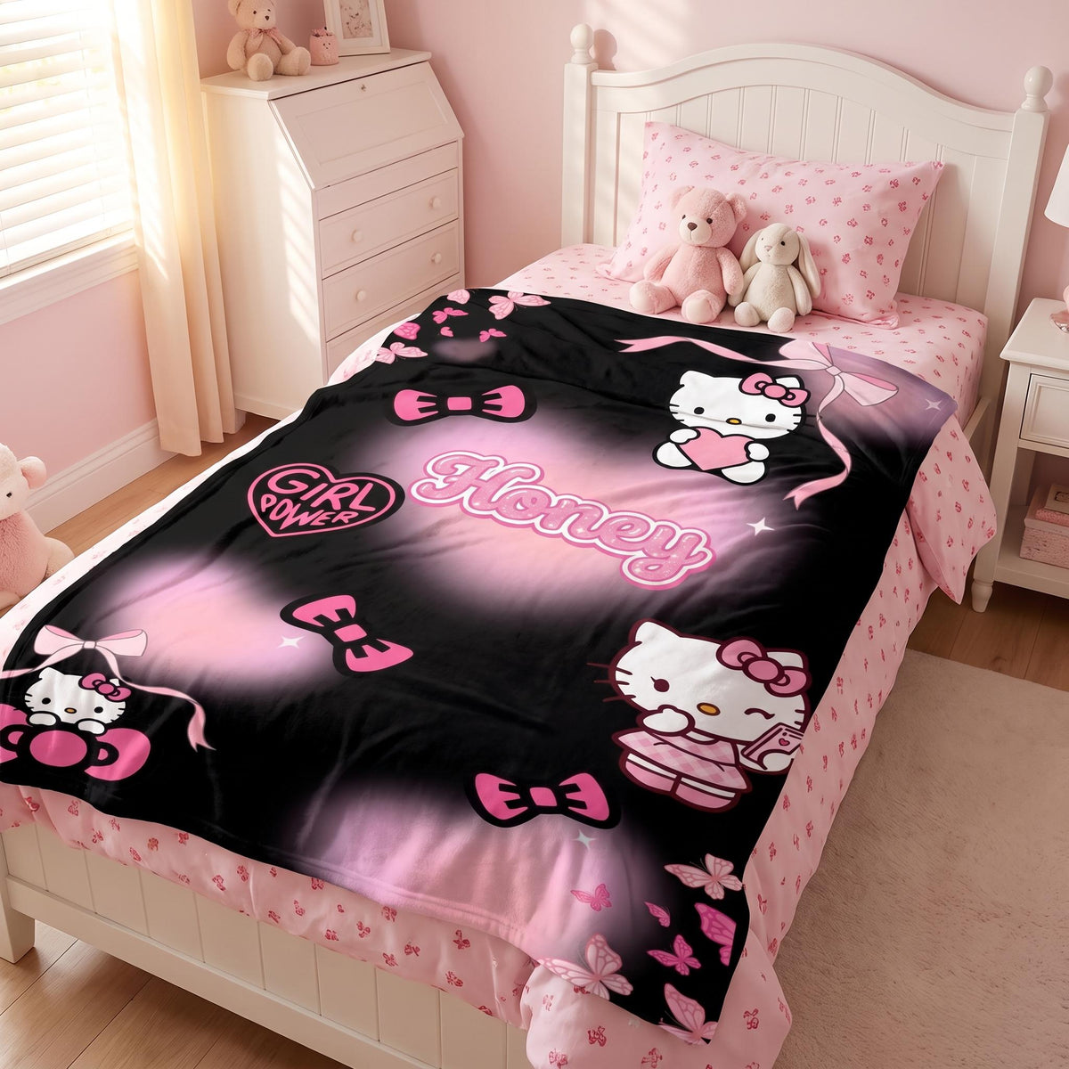 Personalized Kawaii Cat Blanket, Custom Pink Bow Name Blanket, Coquette Girl Power Bedding,Aesthetic Room Gift