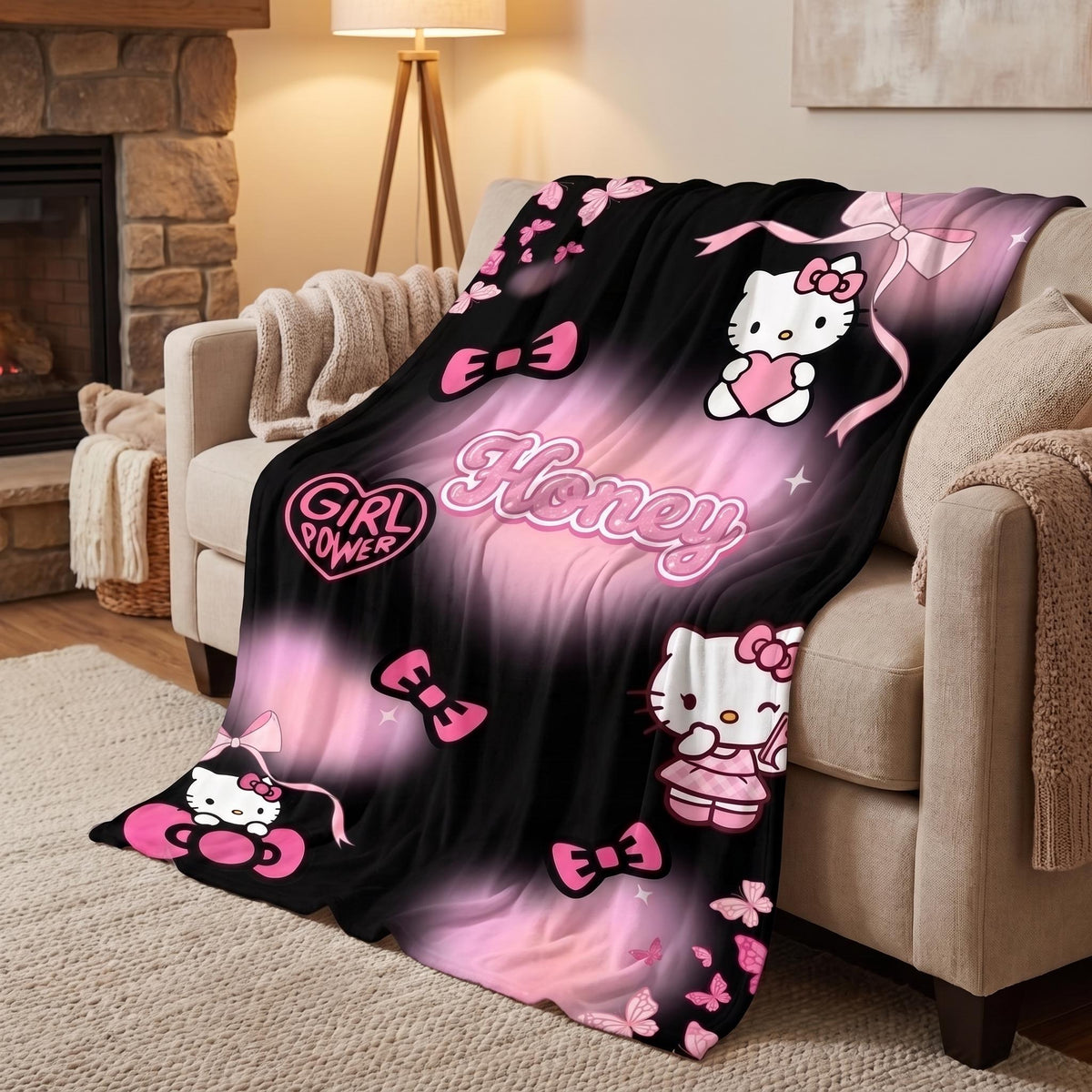 Personalized Kawaii Cat Blanket, Custom Pink Bow Name Blanket, Coquette Girl Power Bedding,Aesthetic Room Gift