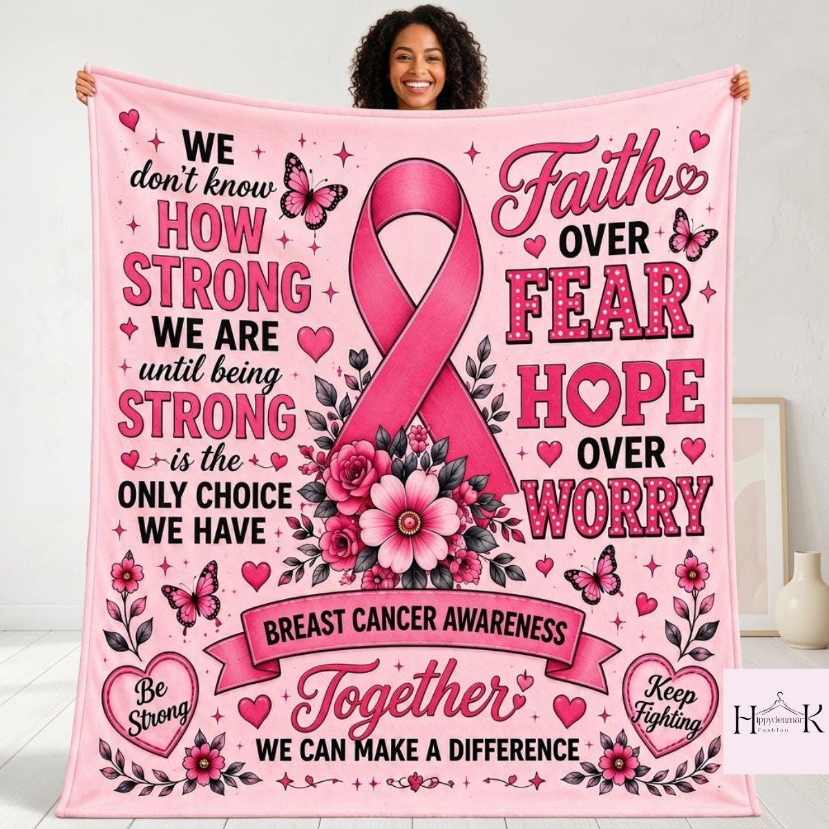 Breast Cancer Fighter Blanket, Pink Ribbon Floral Fleece Throw, Be Strong Keep Fighting Gift, Cancer Warrior Recovery Blanket Home Decor
