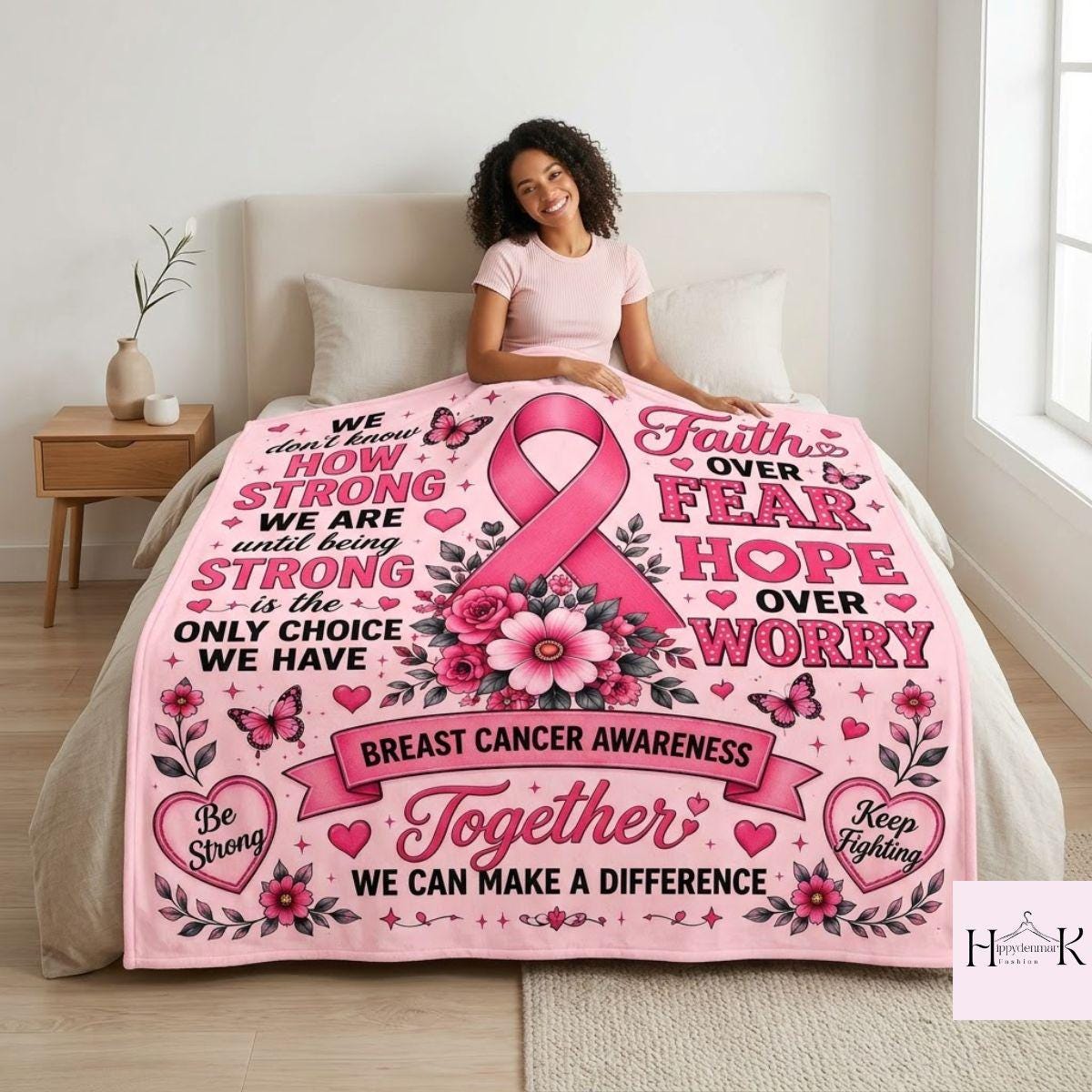 Breast Cancer Fighter Blanket, Pink Ribbon Floral Fleece Throw, Be Strong Keep Fighting Gift, Cancer Warrior Recovery Blanket Home Decor