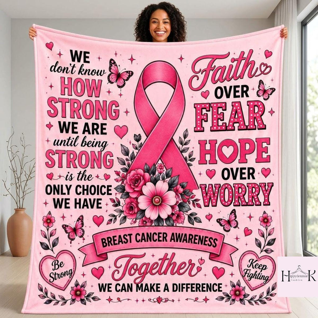 Breast Cancer Fighter Blanket, Pink Ribbon Floral Fleece Throw, Be Strong Keep Fighting Gift, Cancer Warrior Recovery Blanket Home Decor