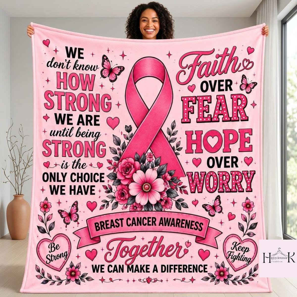 Breast Cancer Fighter Blanket, Pink Ribbon Floral Fleece Throw, Be Strong Keep Fighting Gift, Cancer Warrior Recovery Blanket Home Decor