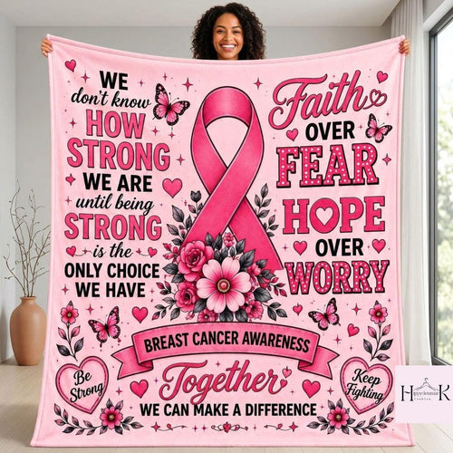 Breast Cancer Fighter Blanket, Pink Ribbon Floral Fleece Throw, Be Strong Keep Fighting Gift, Cancer Warrior Recovery Blanket Home Decor