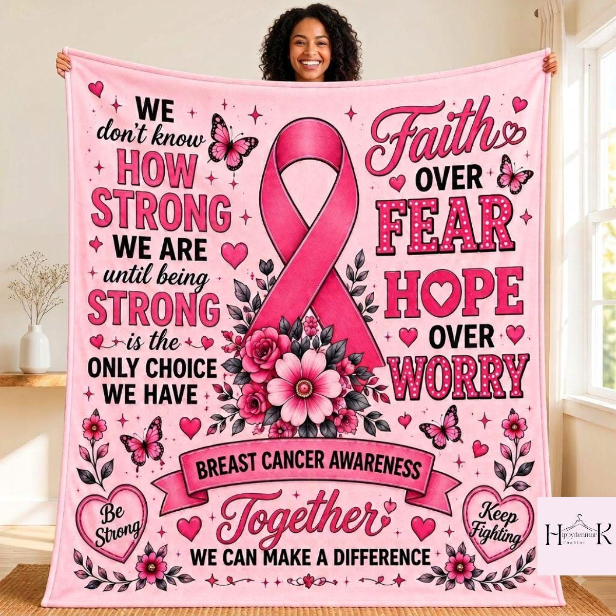 Breast Cancer Fighter Blanket, Pink Ribbon Floral Fleece Throw, Be Strong Keep Fighting Gift, Cancer Warrior Recovery Blanket Home Decor