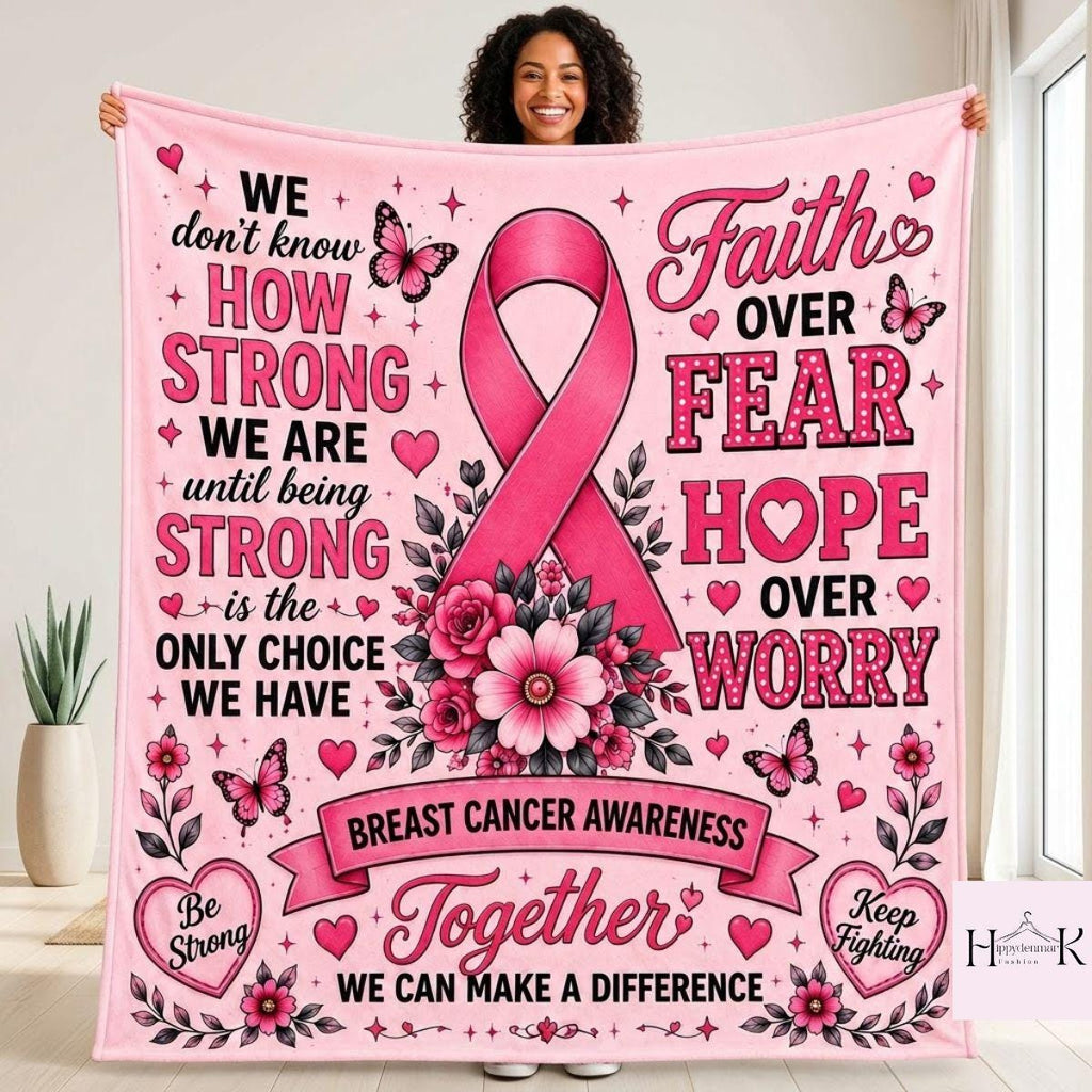Breast Cancer Fighter Blanket, Pink Ribbon Floral Fleece Throw, Be Strong Keep Fighting Gift, Cancer Warrior Recovery Blanket Home Decor