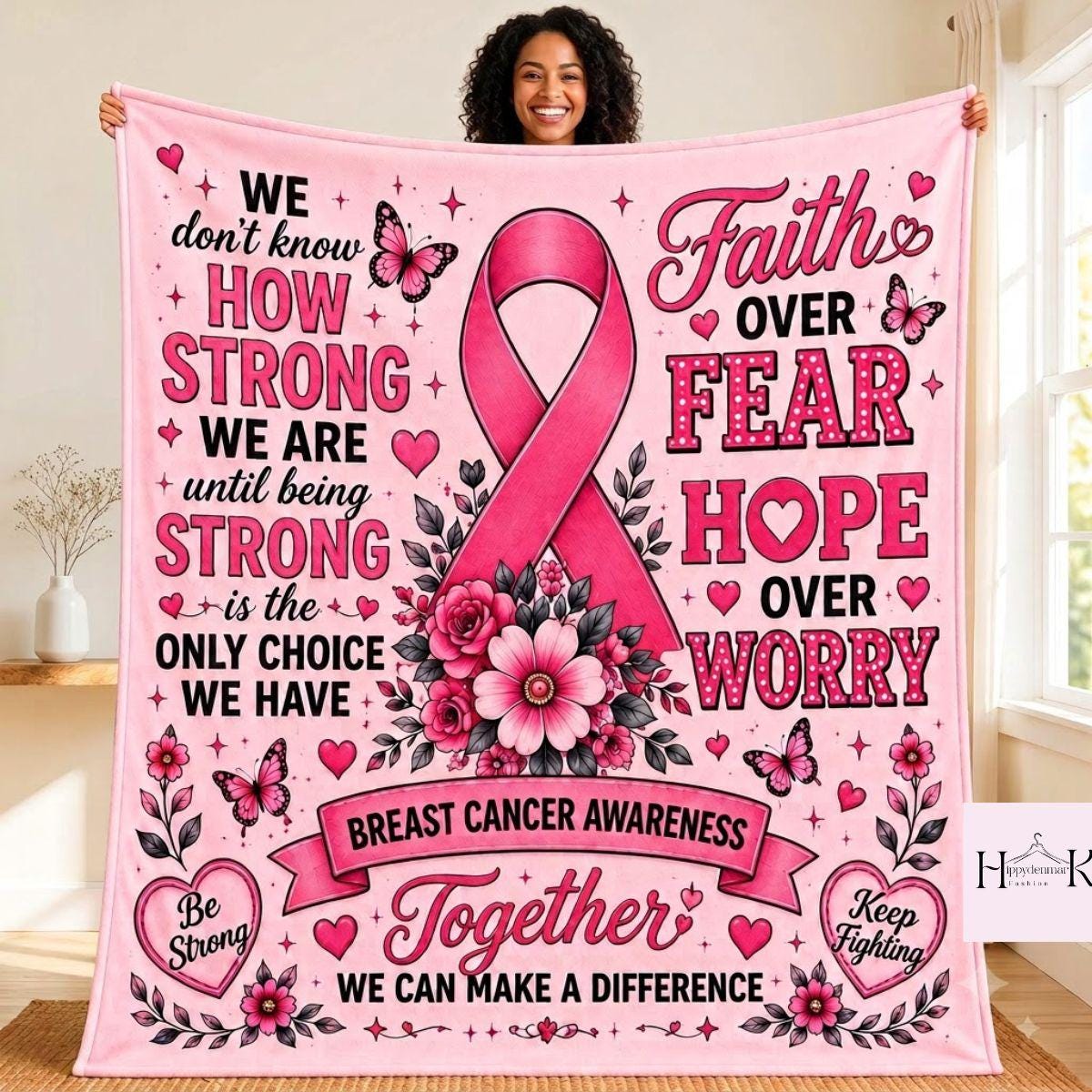 Breast Cancer Fighter Blanket, Pink Ribbon Floral Fleece Throw, Be Strong Keep Fighting Gift, Cancer Warrior Recovery Blanket Home Decor