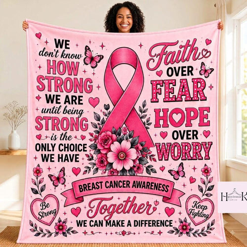 Breast Cancer Fighter Blanket, Pink Ribbon Floral Fleece Throw, Be Strong Keep Fighting Gift, Cancer Warrior Recovery Blanket Home Decor