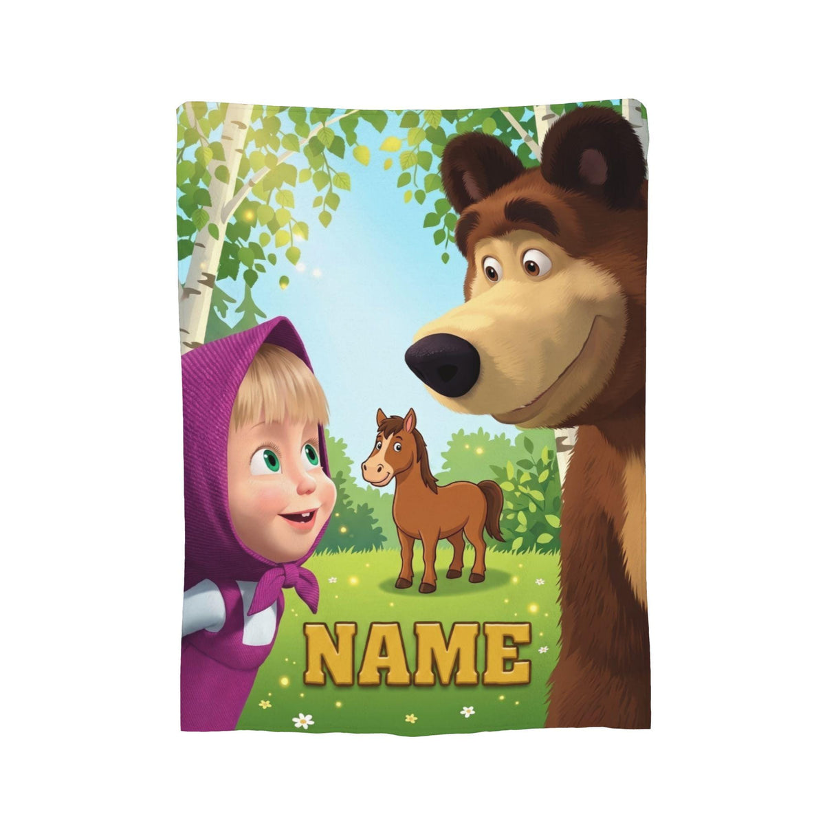 Custom Masha Bear Forest Trail Blanket, Woodland Adventure Kid Throw, Personalized Nursery Fleece, 1st Birthday Gift for Toddler Boy Girl