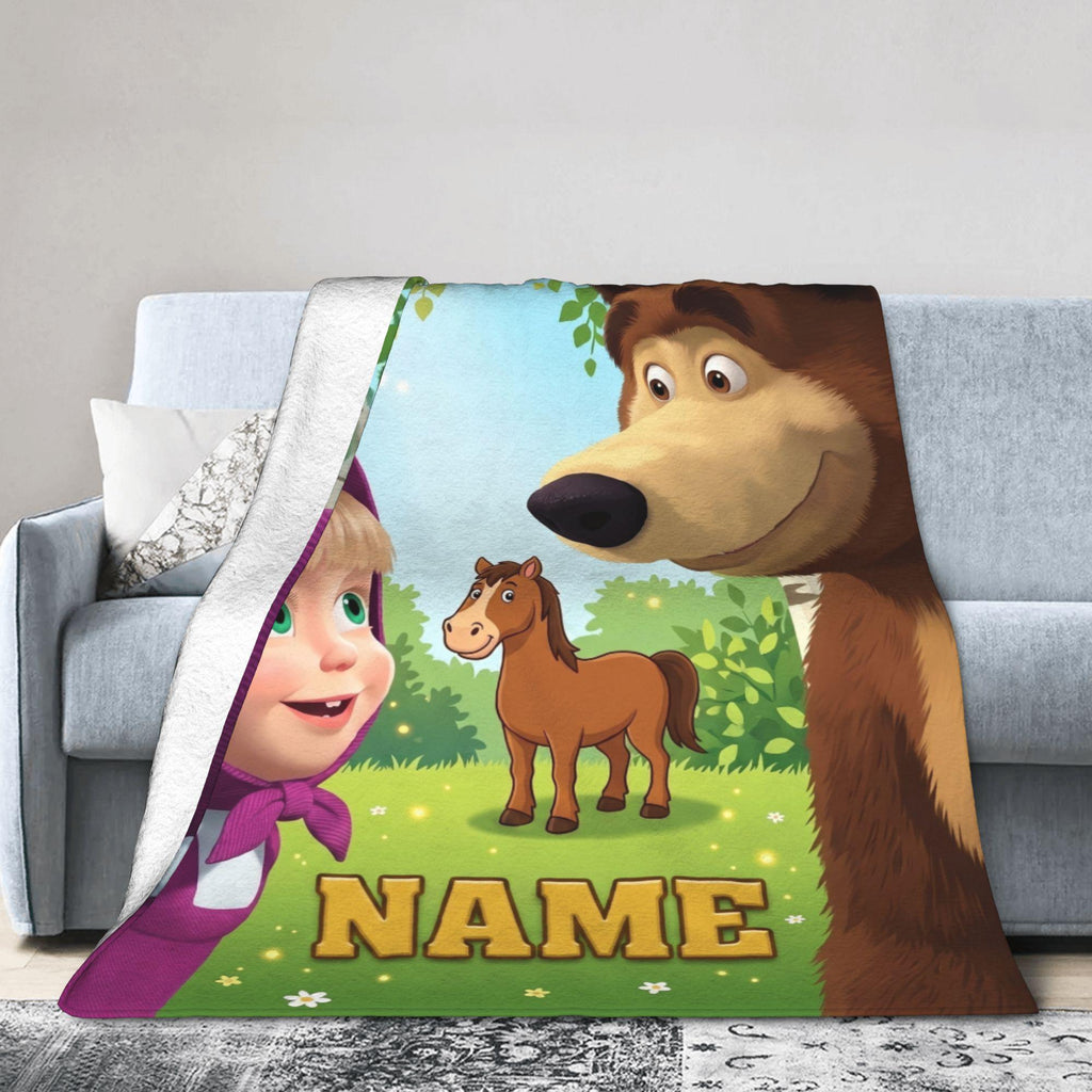 Custom Masha Bear Forest Trail Blanket, Woodland Adventure Kid Throw, Personalized Nursery Fleece, 1st Birthday Gift for Toddler Boy Girl