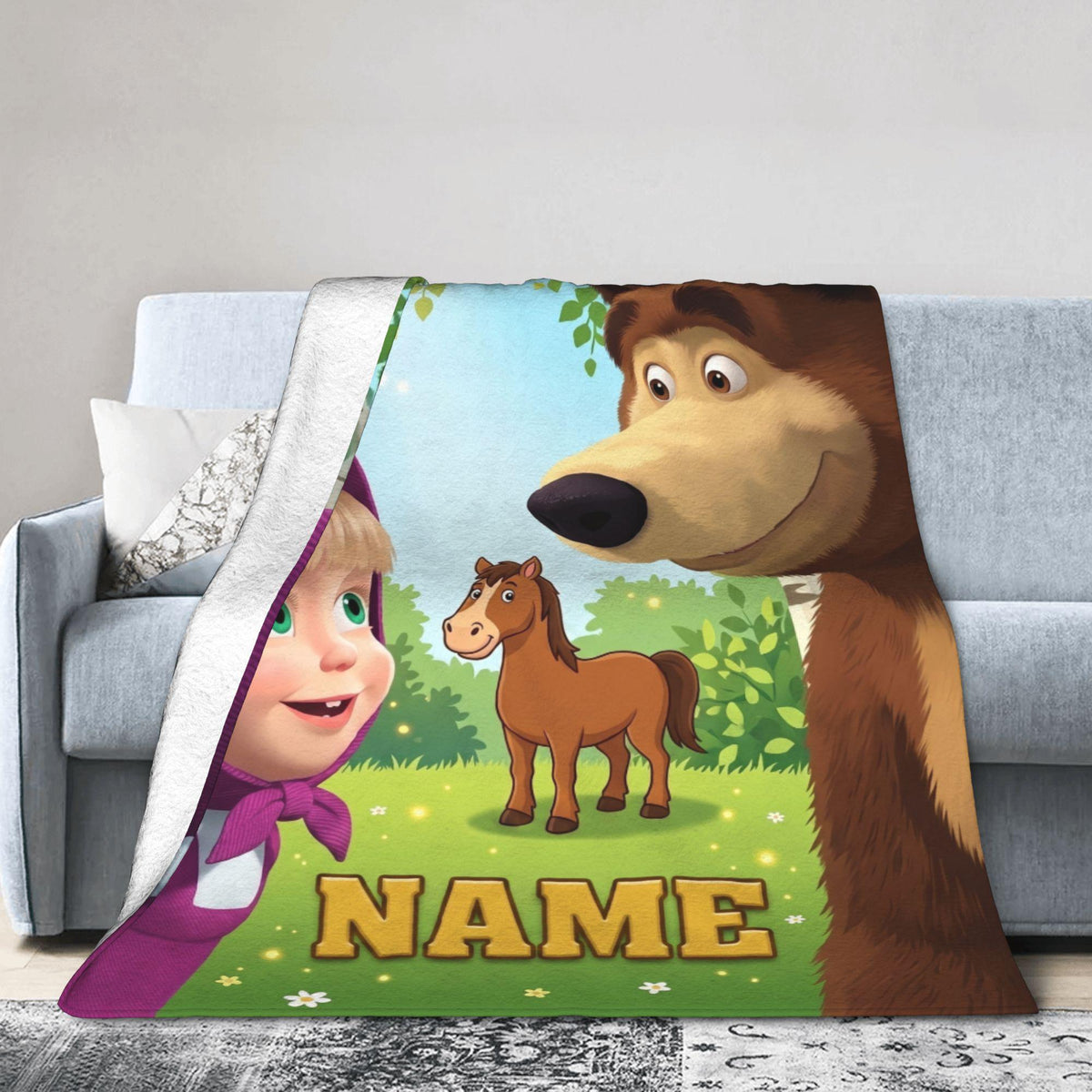 Custom Masha Bear Forest Trail Blanket, Woodland Adventure Kid Throw, Personalized Nursery Fleece, 1st Birthday Gift for Toddler Boy Girl
