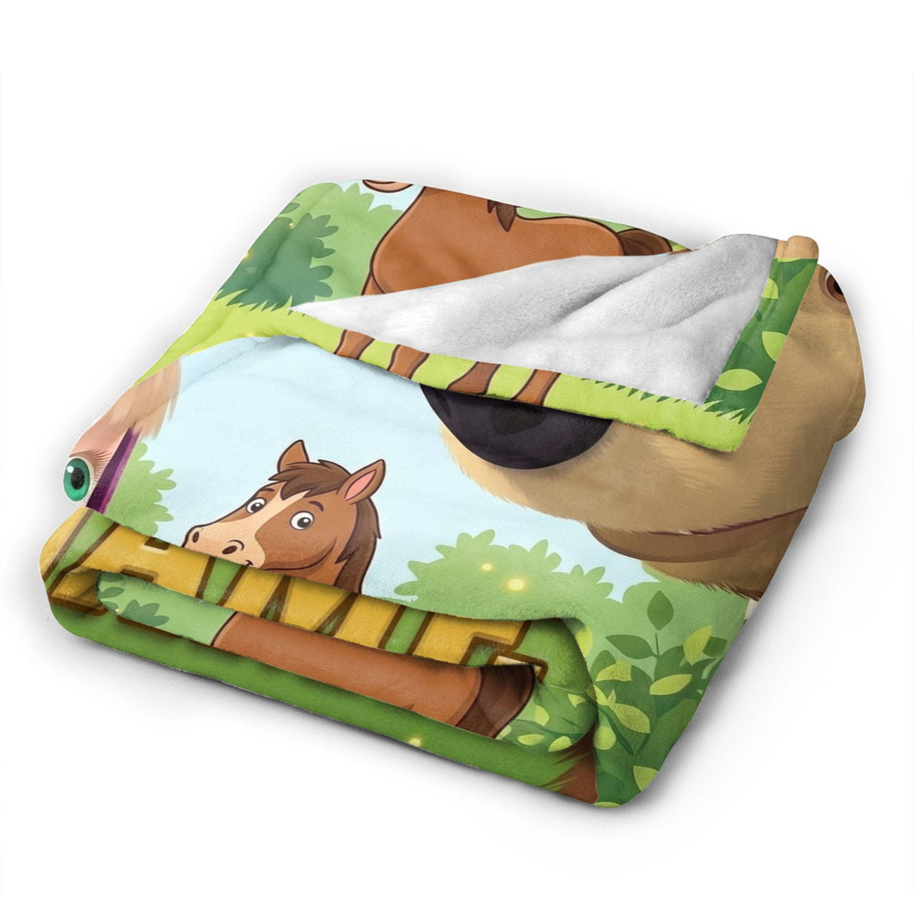 Custom Masha Bear Forest Trail Blanket, Woodland Adventure Kid Throw, Personalized Nursery Fleece, 1st Birthday Gift for Toddler Boy Girl