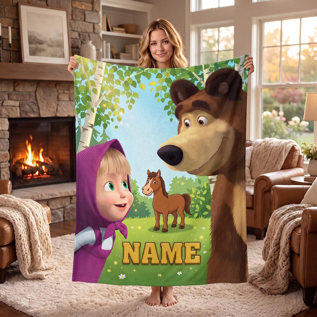 Custom Masha Bear Forest Trail Blanket, Woodland Adventure Kid Throw, Personalized Nursery Fleece, 1st Birthday Gift for Toddler Boy Girl