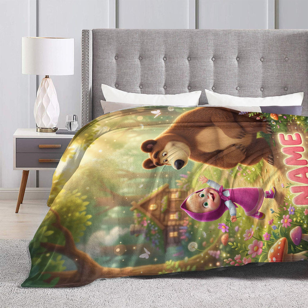 Custom Masha Bear Hug Fleece Throw, Personalized Kid Bedding Blanket, Cozy Nursery Quilt, 1st Birthday Christmas Gift for Toddler Daughter