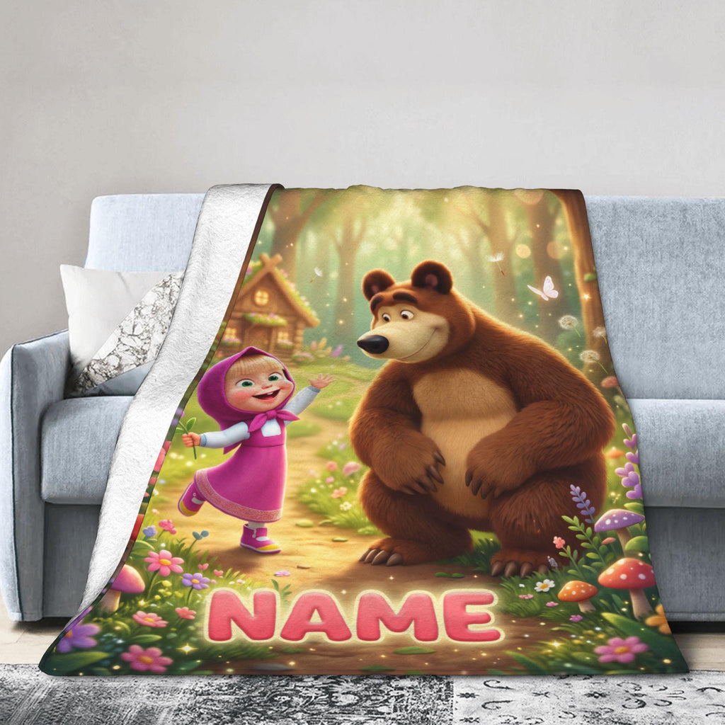 Custom Masha Bear Hug Fleece Throw, Personalized Kid Bedding Blanket, Cozy Nursery Quilt, 1st Birthday Christmas Gift for Toddler Daughter
