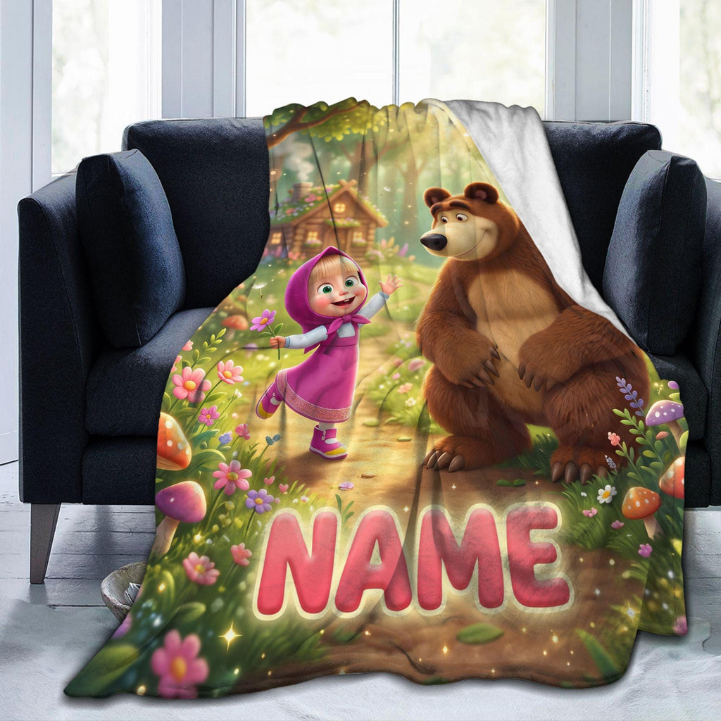 Custom Masha Bear Hug Fleece Throw, Personalized Kid Bedding Blanket, Cozy Nursery Quilt, 1st Birthday Christmas Gift for Toddler Daughter