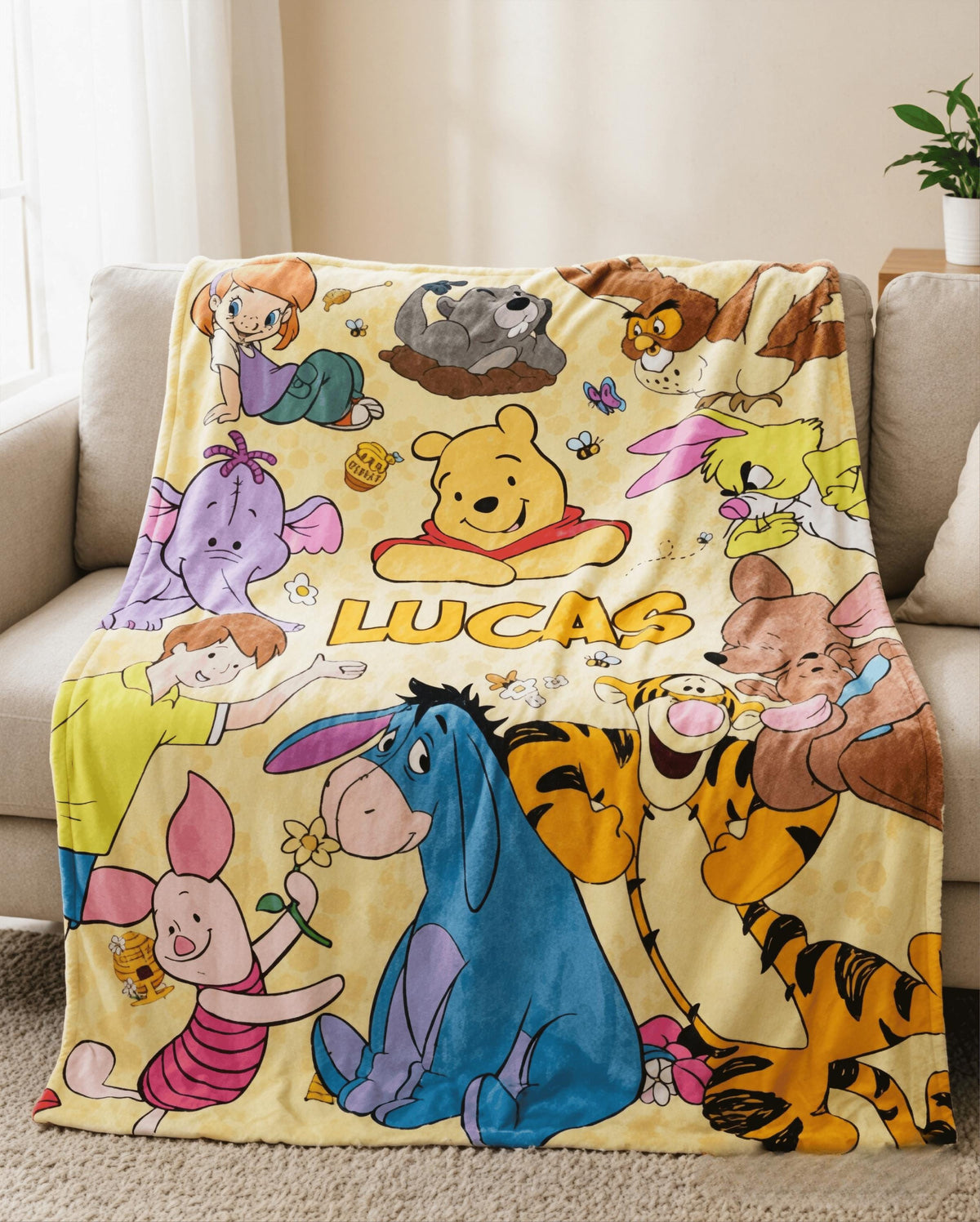 Custom Name Winnie the Pooh Blanket, Hundred Acre Wood Characters, Cozy Flannel Fleece Throw