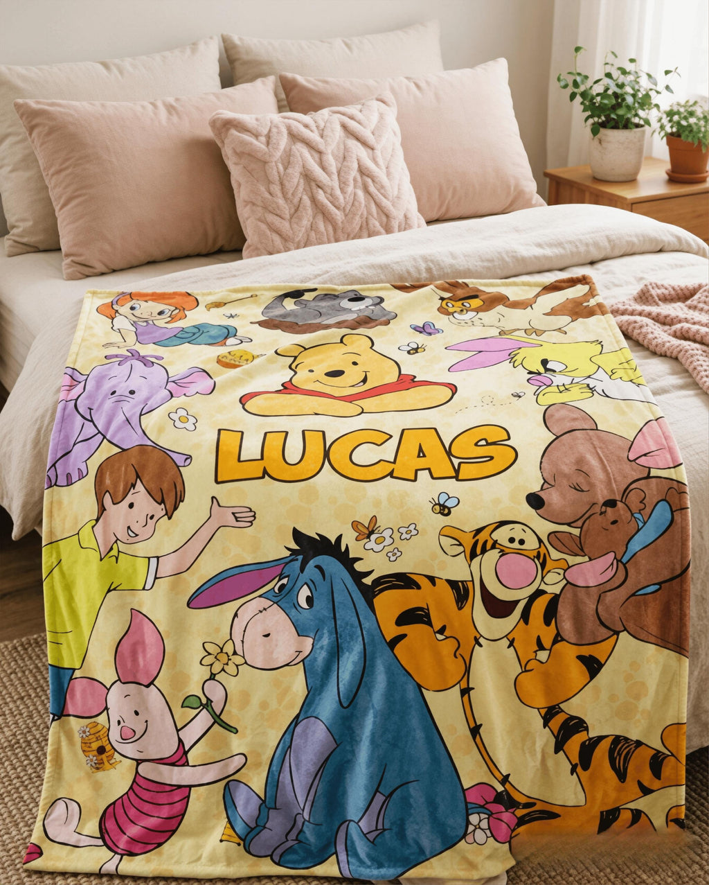 Custom Name Winnie the Pooh Blanket, Hundred Acre Wood Characters, Cozy Flannel Fleece Throw